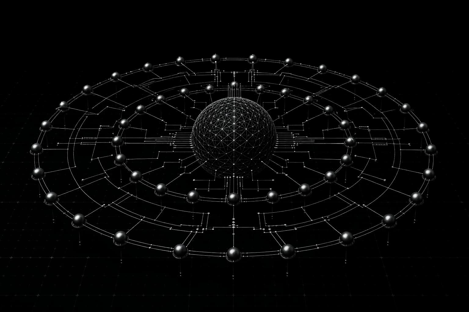 Agent orchestration diagram — a glowing memory core with orbiting agent nodes