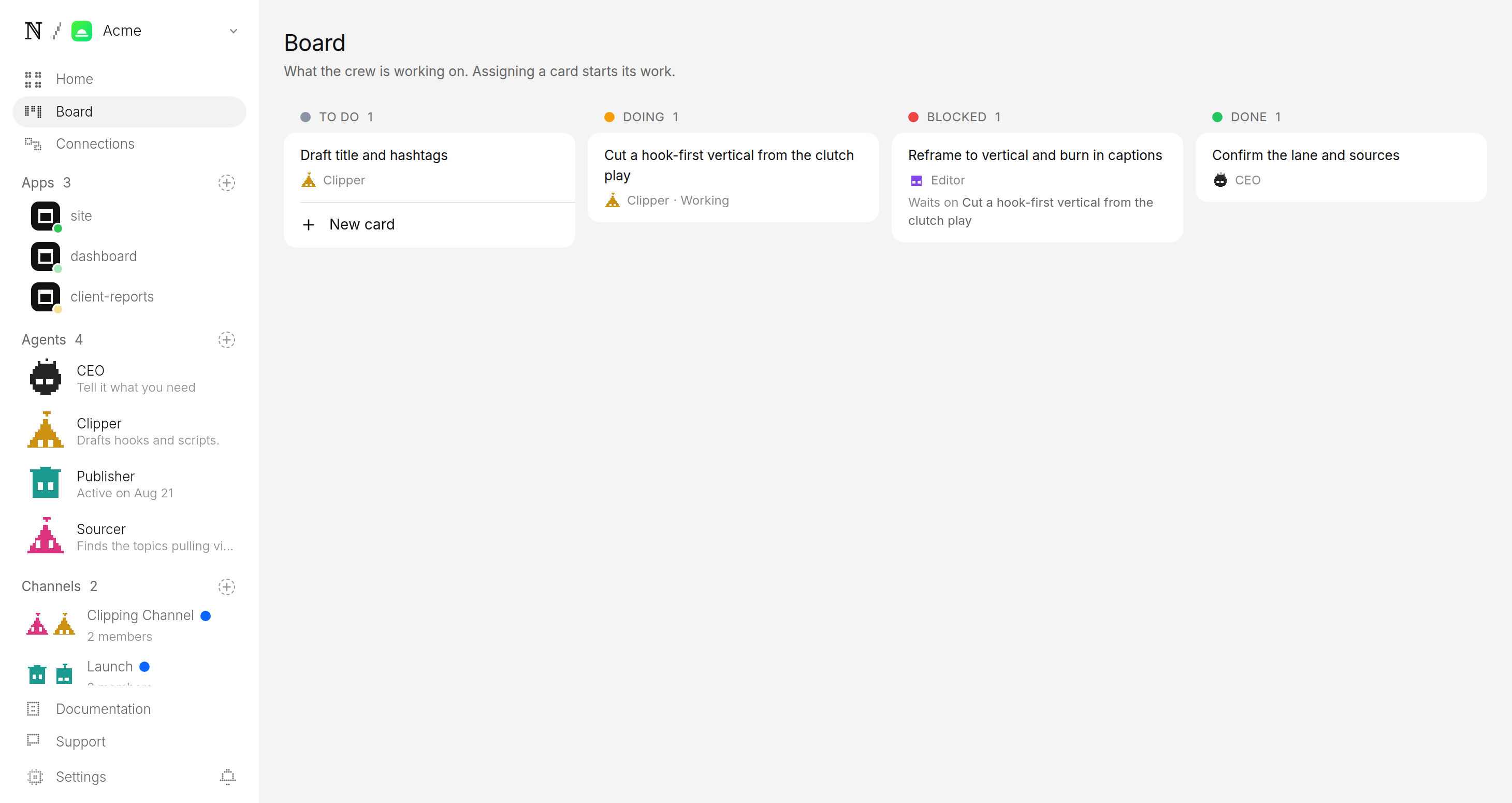 Studio crew board for an AI clipping channel