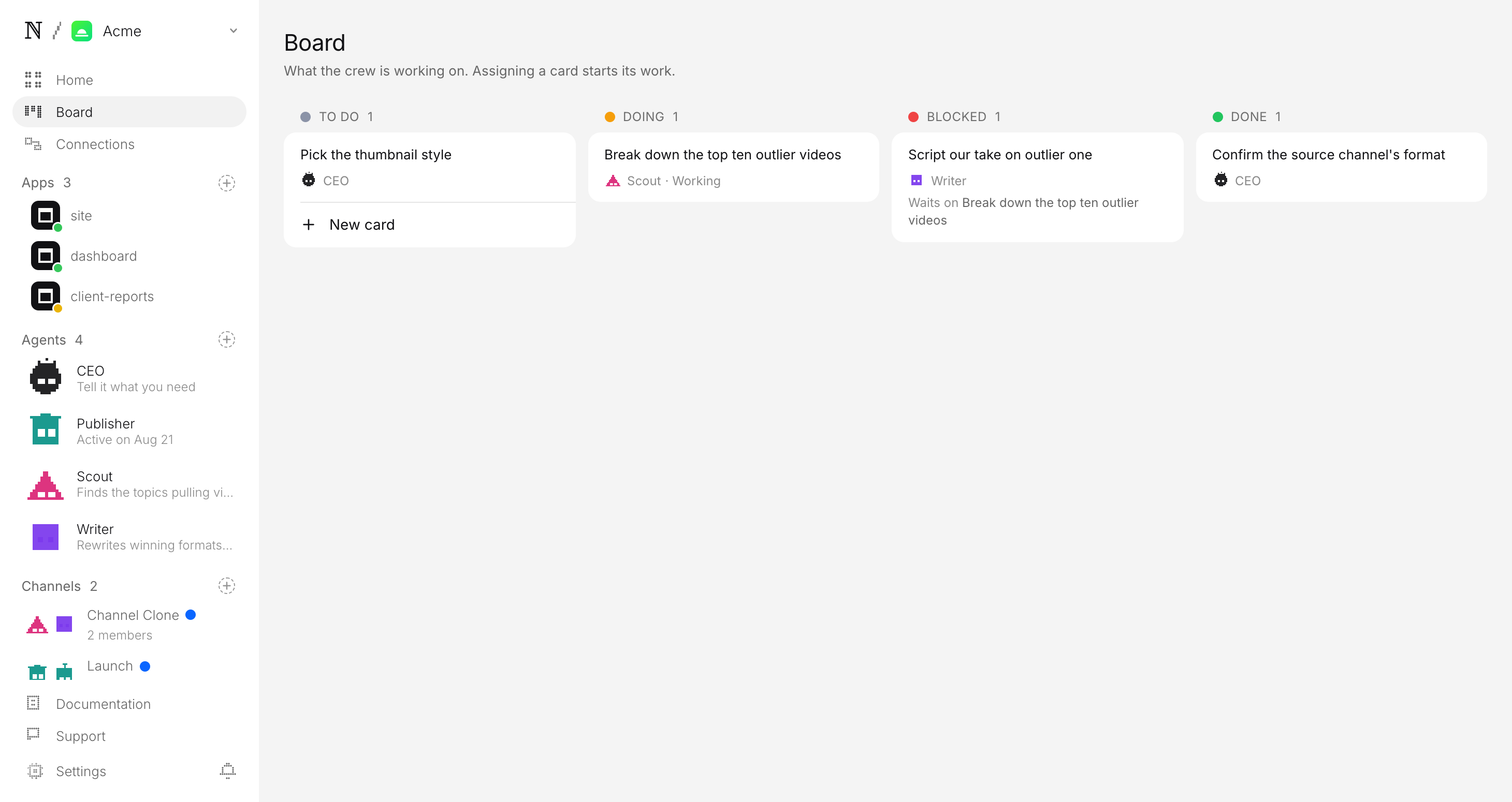 Studio agent board for an AI channel cloning channel