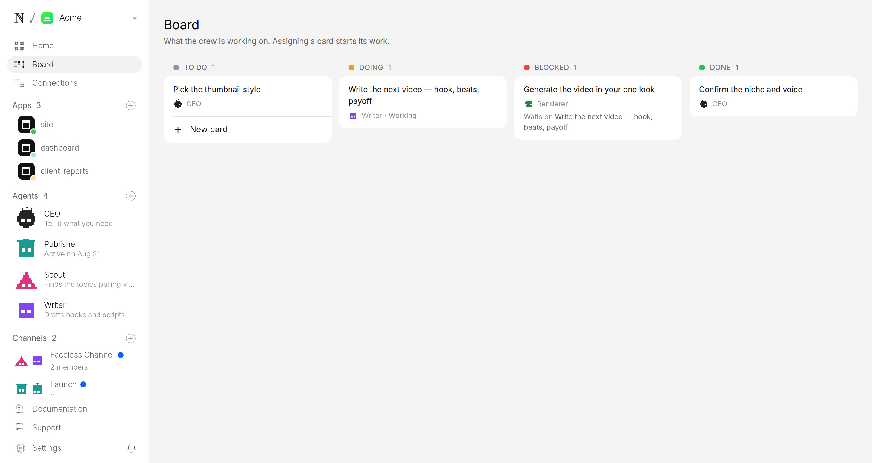 Studio crew board for a faceless video channel