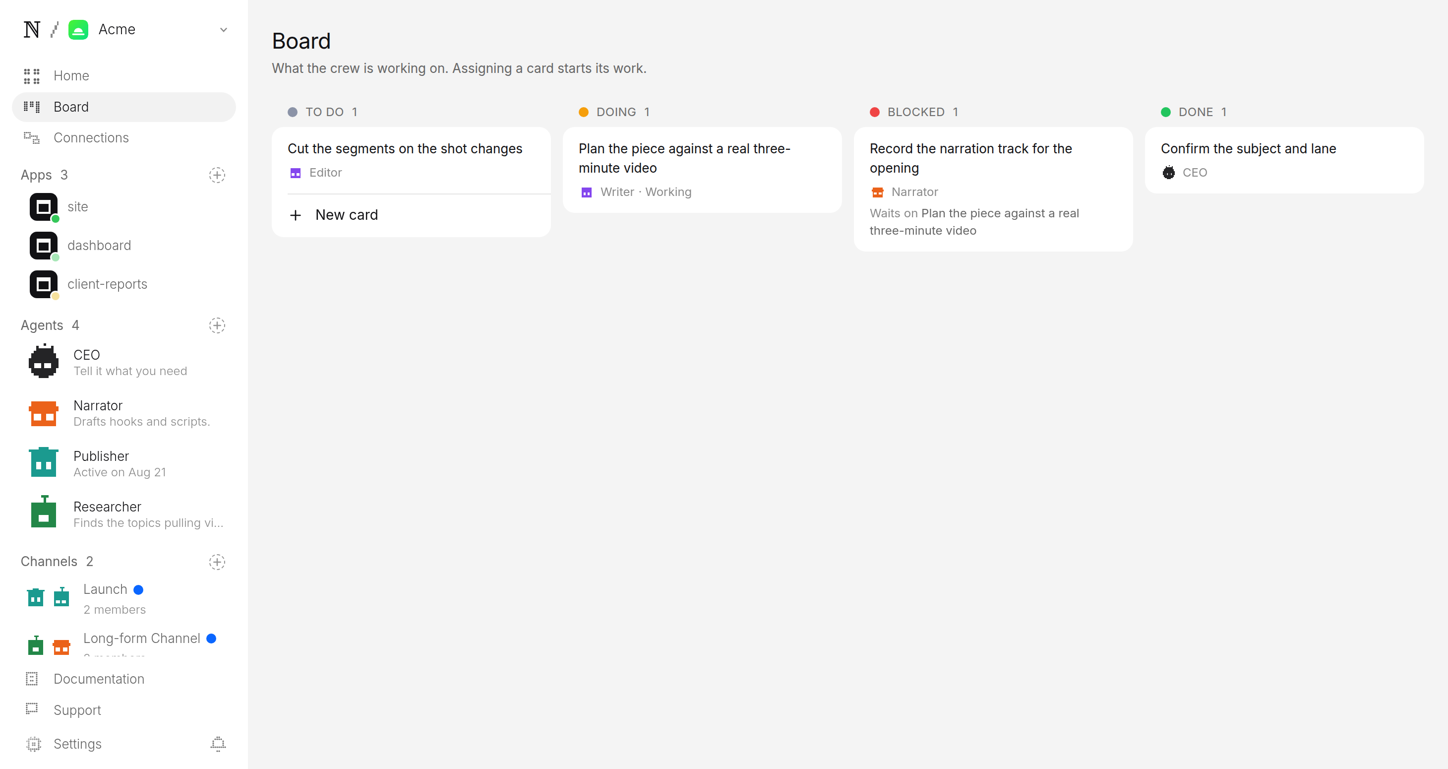 Studio agent-team board for a long-form video channel