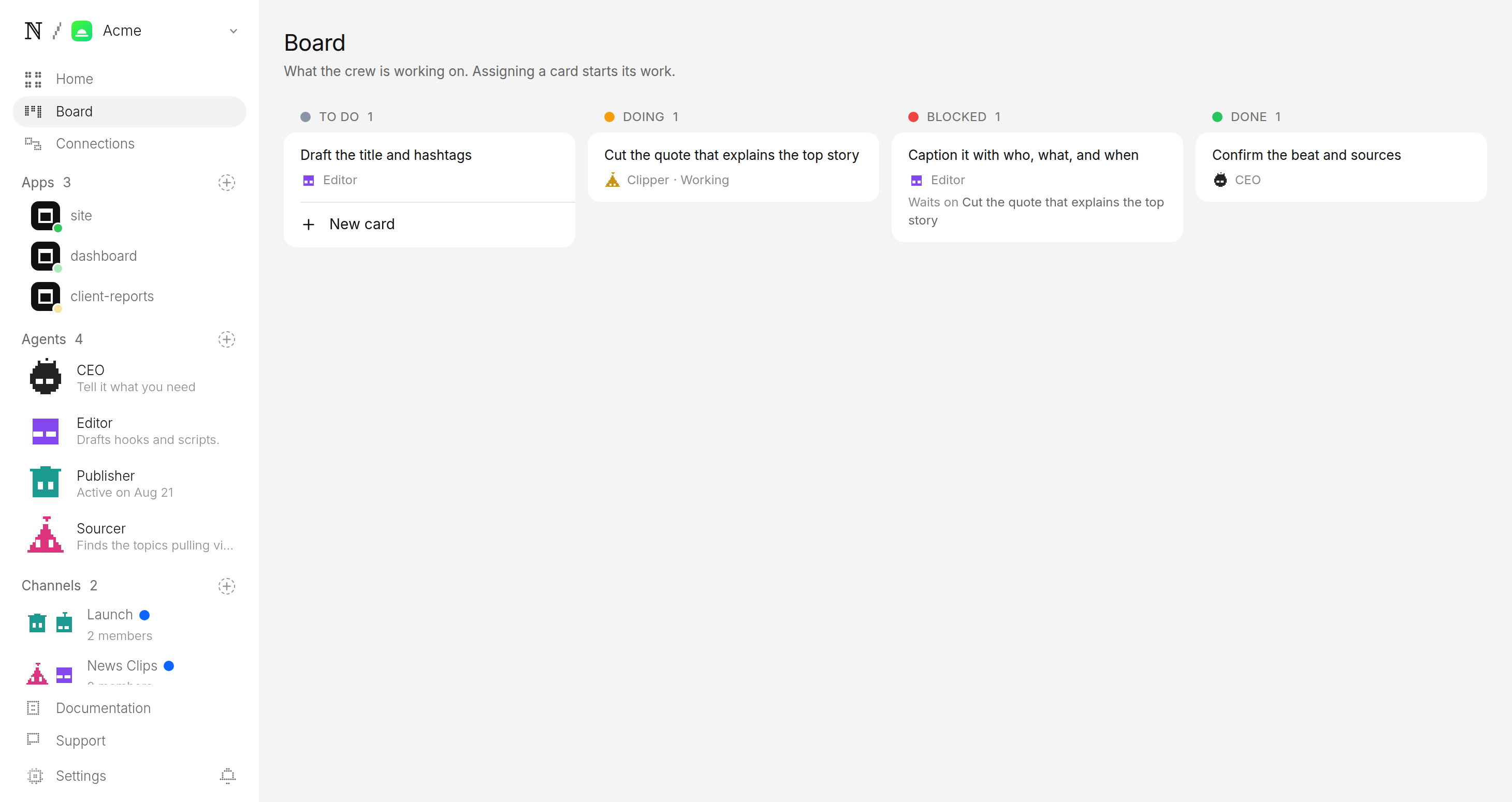 Dashboard board for a news-clips channel
