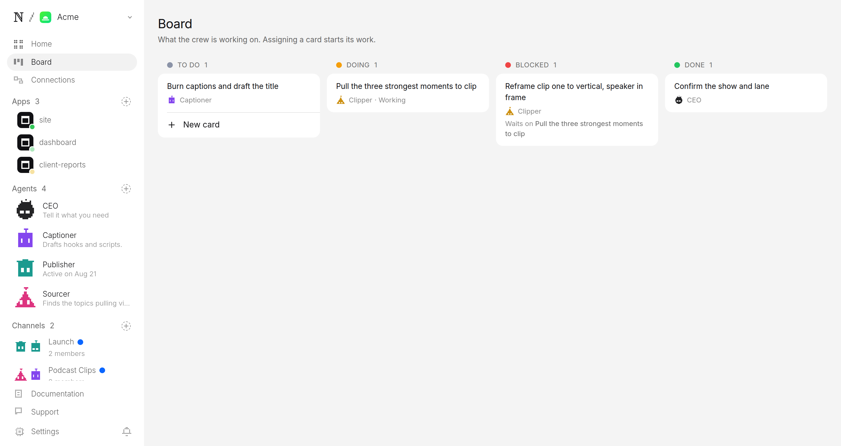 Dashboard board for a podcast-clips channel