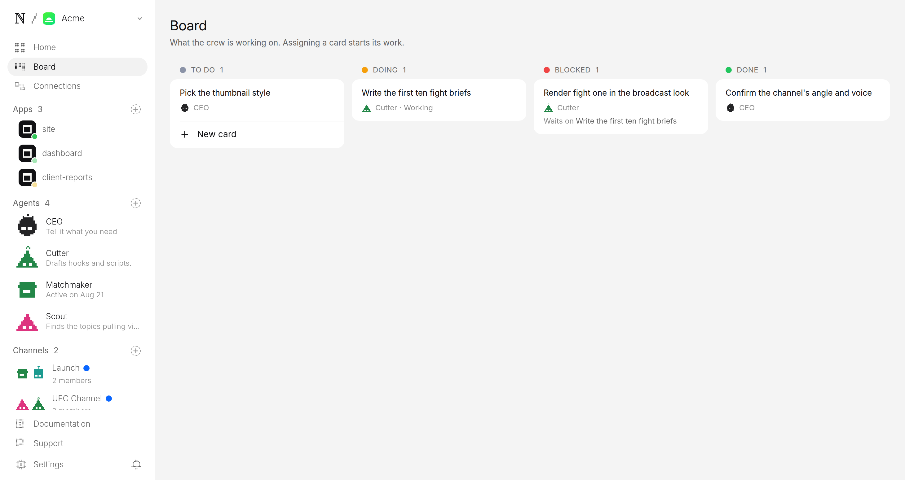 Studio agent board for a faceless UFC channel