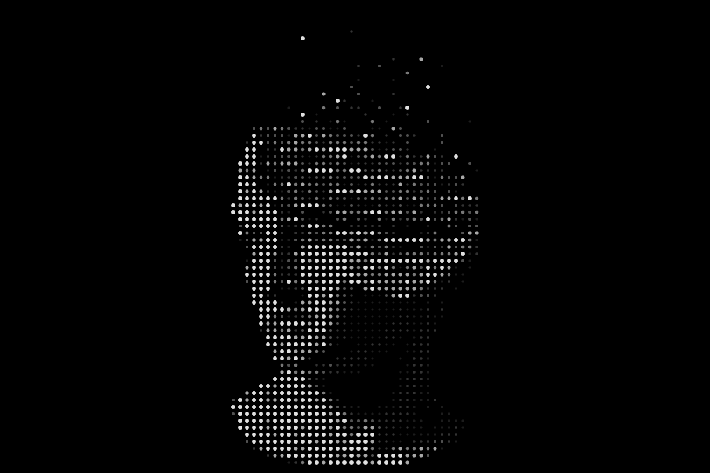 A classical bust whose upper skull is layered like sediment and dissolves into drifting particles